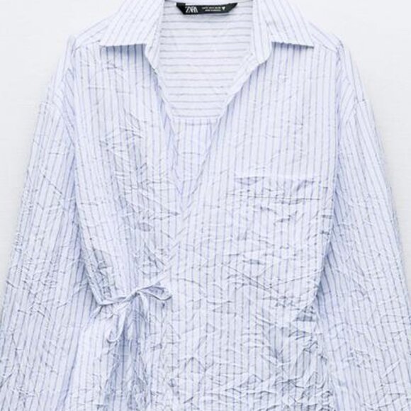 ZARA Wrinkle Effect Oversized Blue and White Striped Shirt. NWT - Picture 5 of 7